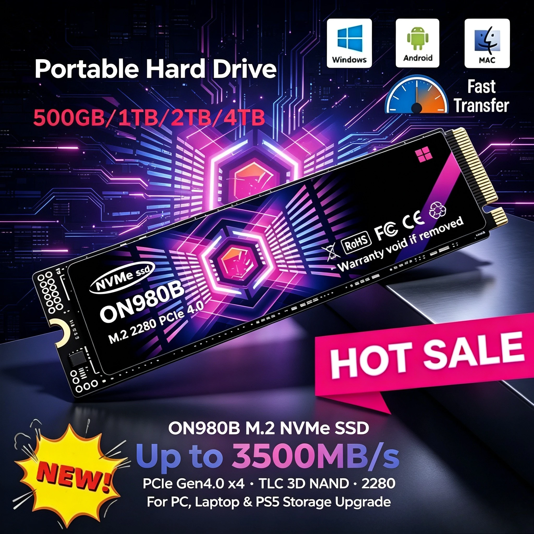 New ON980B 500GB-4TB SSD NVMe M.2, up to 3500MB/s, Portable Solid State Hard Disk Drive for Laptop Desktop Computers.