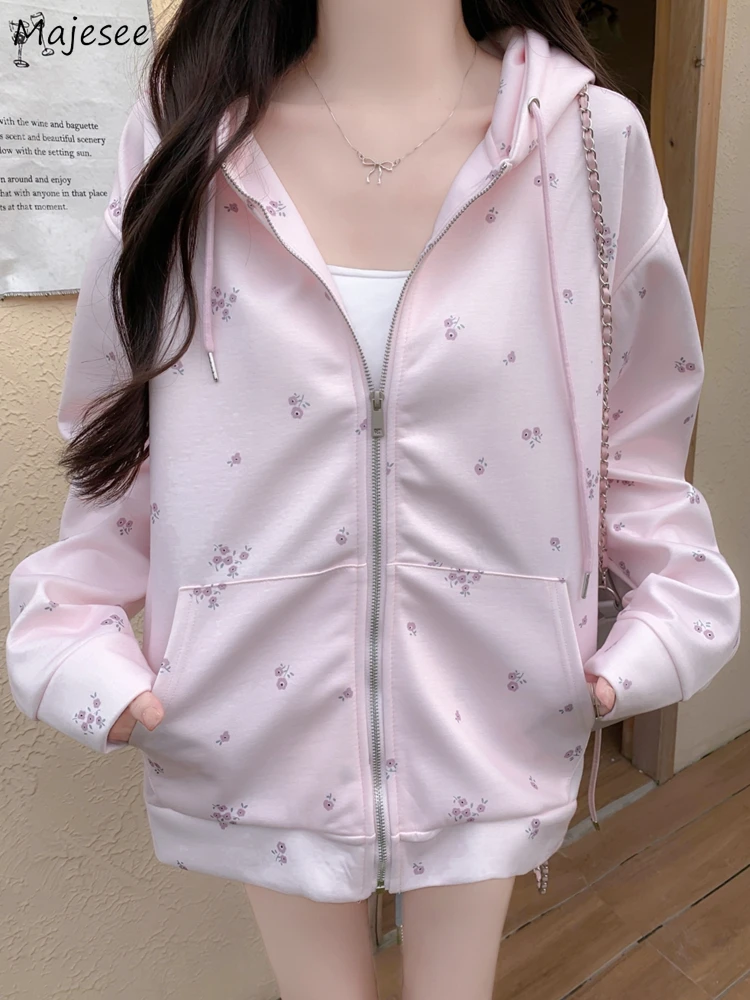 

Толстовки с цветочным принтом и шляпой, женские шикарные милые молодые студенты, корейская модная уличная одежда, осенняя эстетичная популярная универсальная свободная одежда