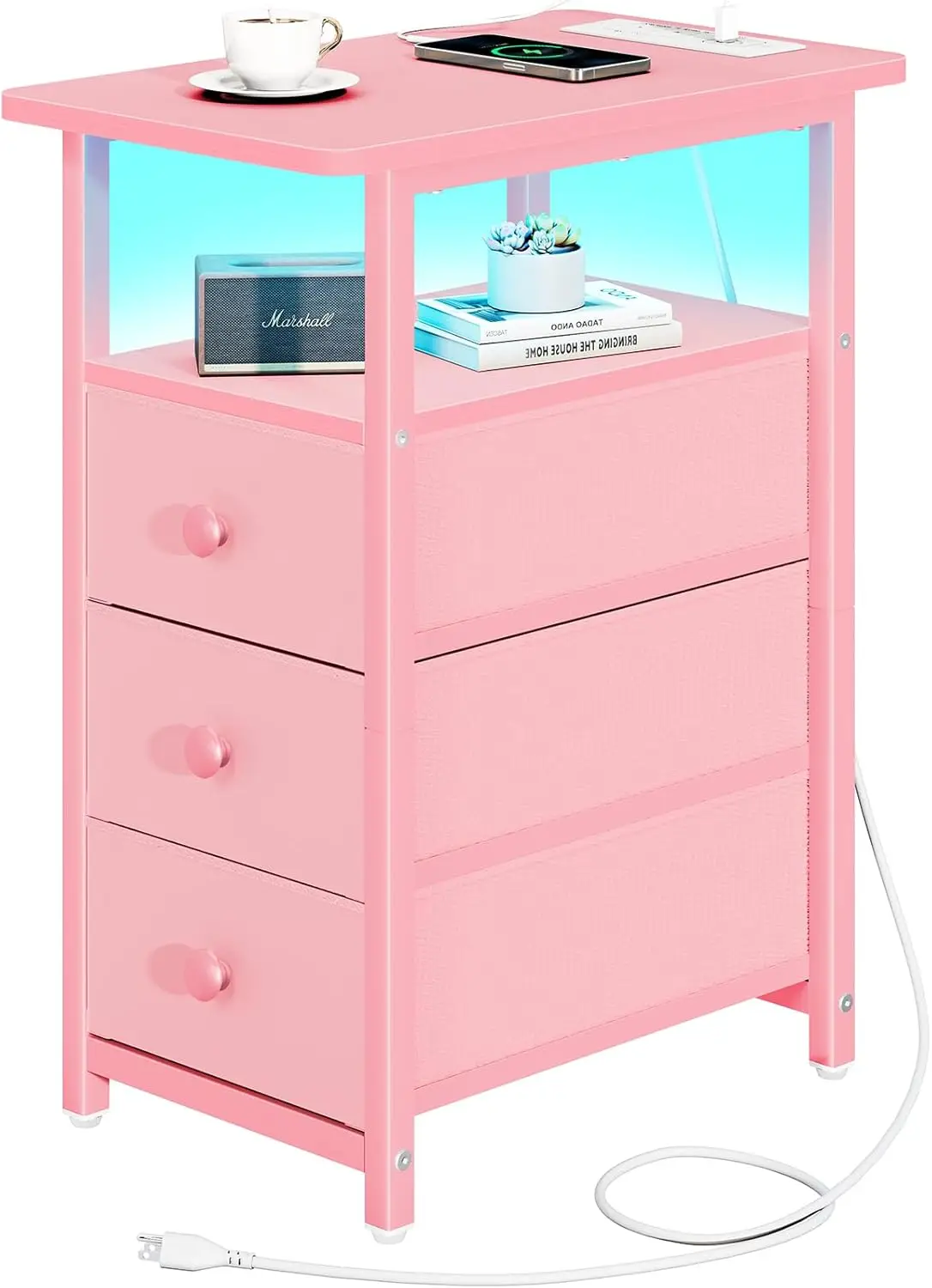 

End Table with Charging Station, Pink Narrow Nightstand LED Bedside Table, Small Night Stand End Tables Living Room, Skinny
