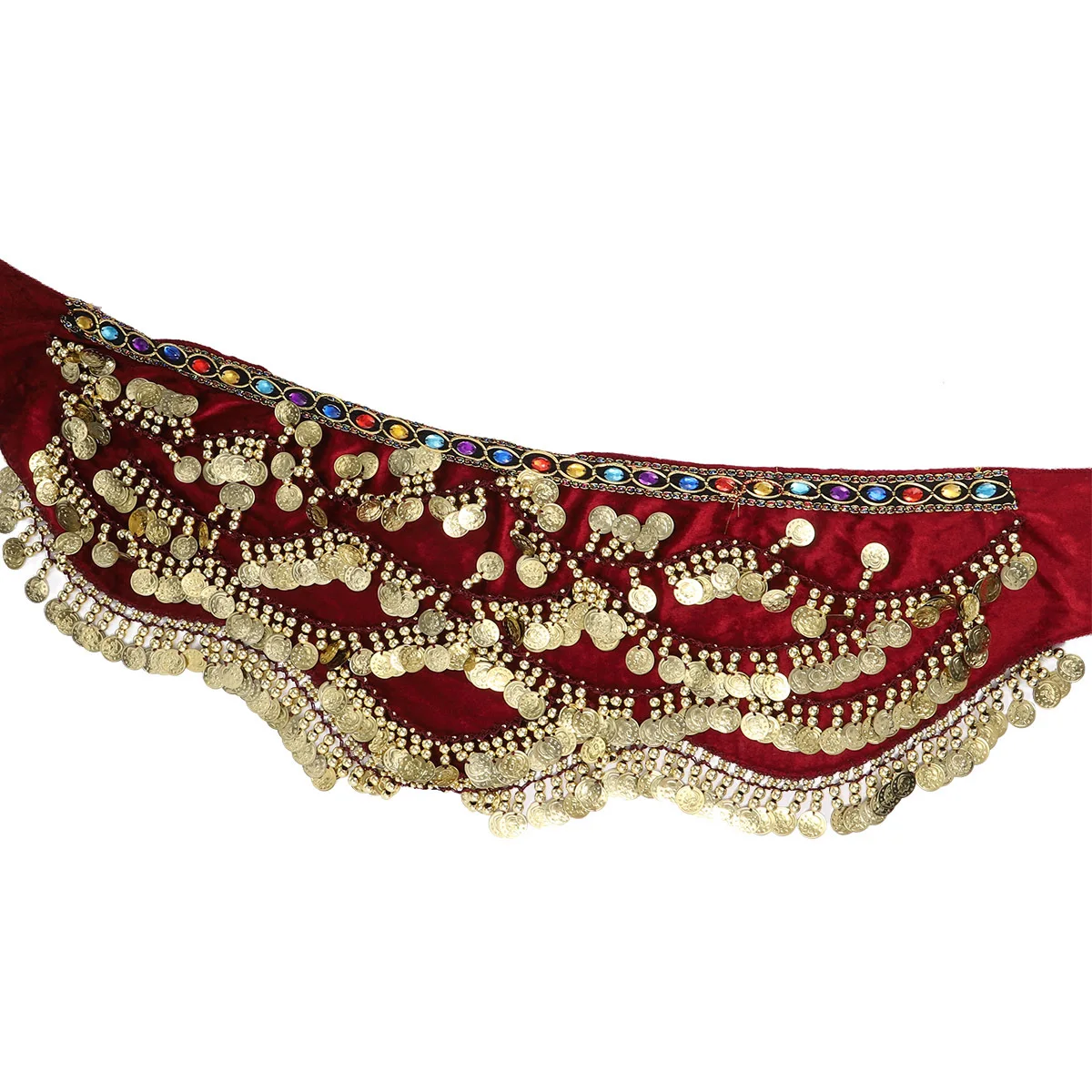 

1 pc Women'S Belly Dance Hip Scarf Wrap With Diamonds Coins Dark Red Lightweight Sheer Skirt Costume Accessory