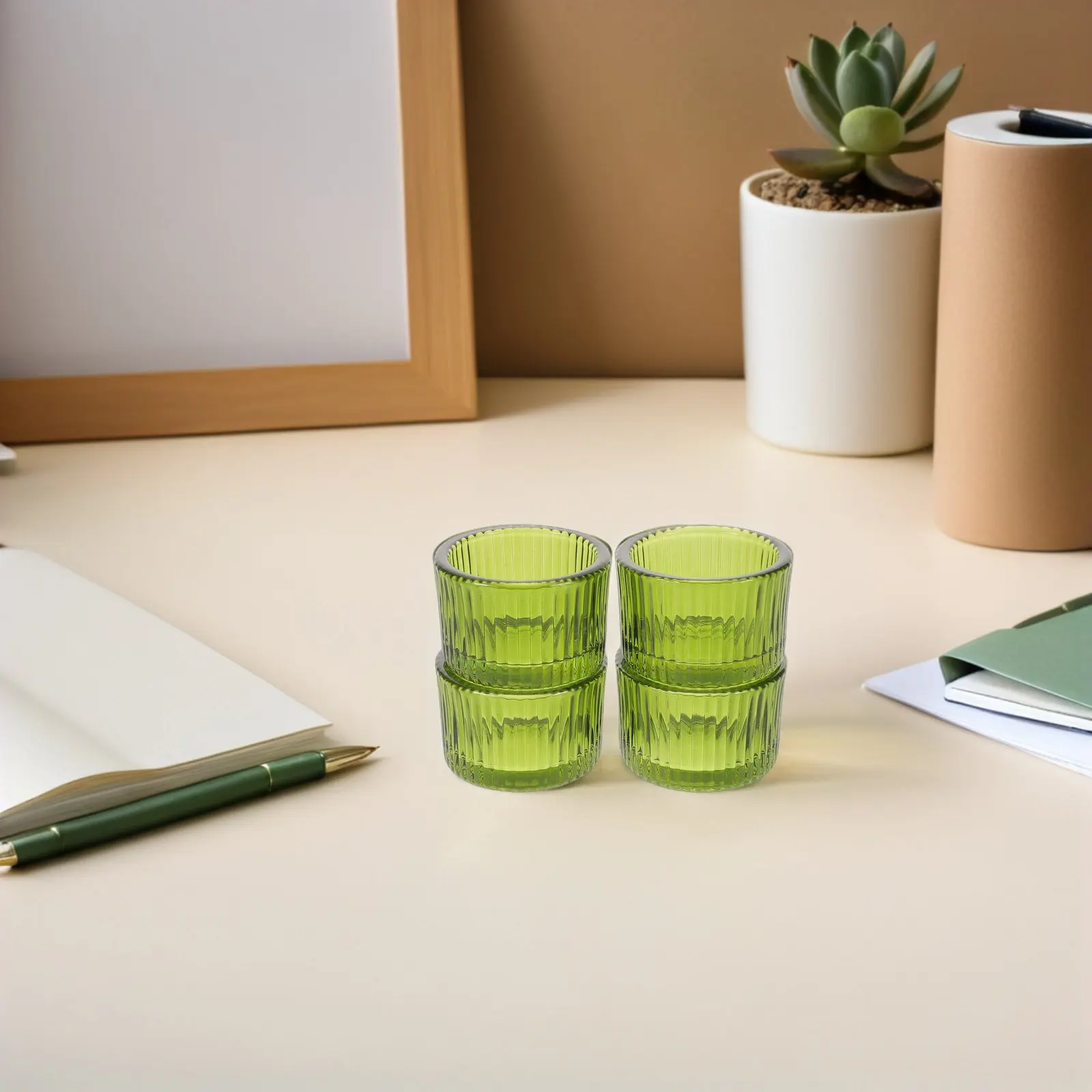 4Pcs Tea Light Holder Glass Ribbed Green Thick Glass Votive Cup Stick Holder for Wedding Table Centerpiece Home