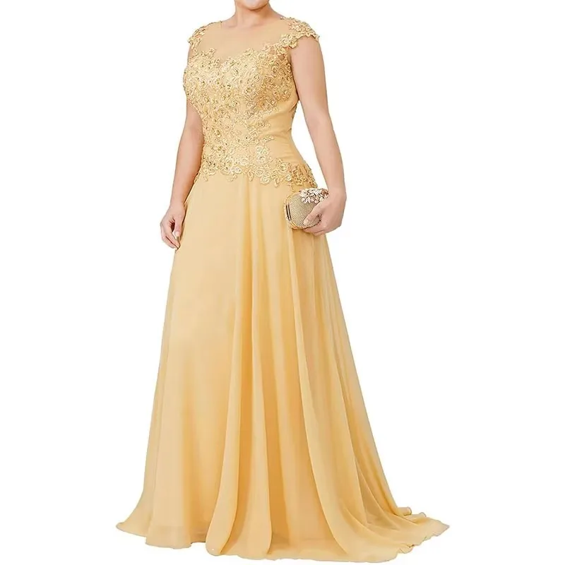 Gold A-line Mother of The Bride Dress 2027 O-neck Lace Appliques Beads Chiffon Wedding Party Gowns Robe De Mariee Plus Size