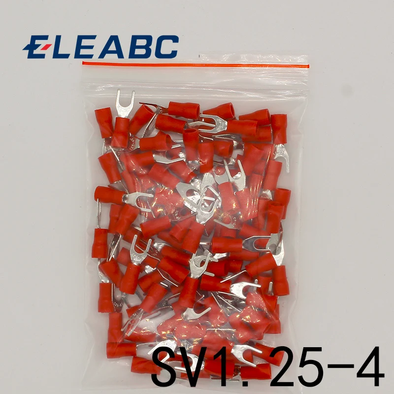 SV1.25-4 Red Furcate Fork Spade 22-16AWG Wire Crimp pressed terminals Cable Wire Connector 100PCS/Pack SV1-4 SV