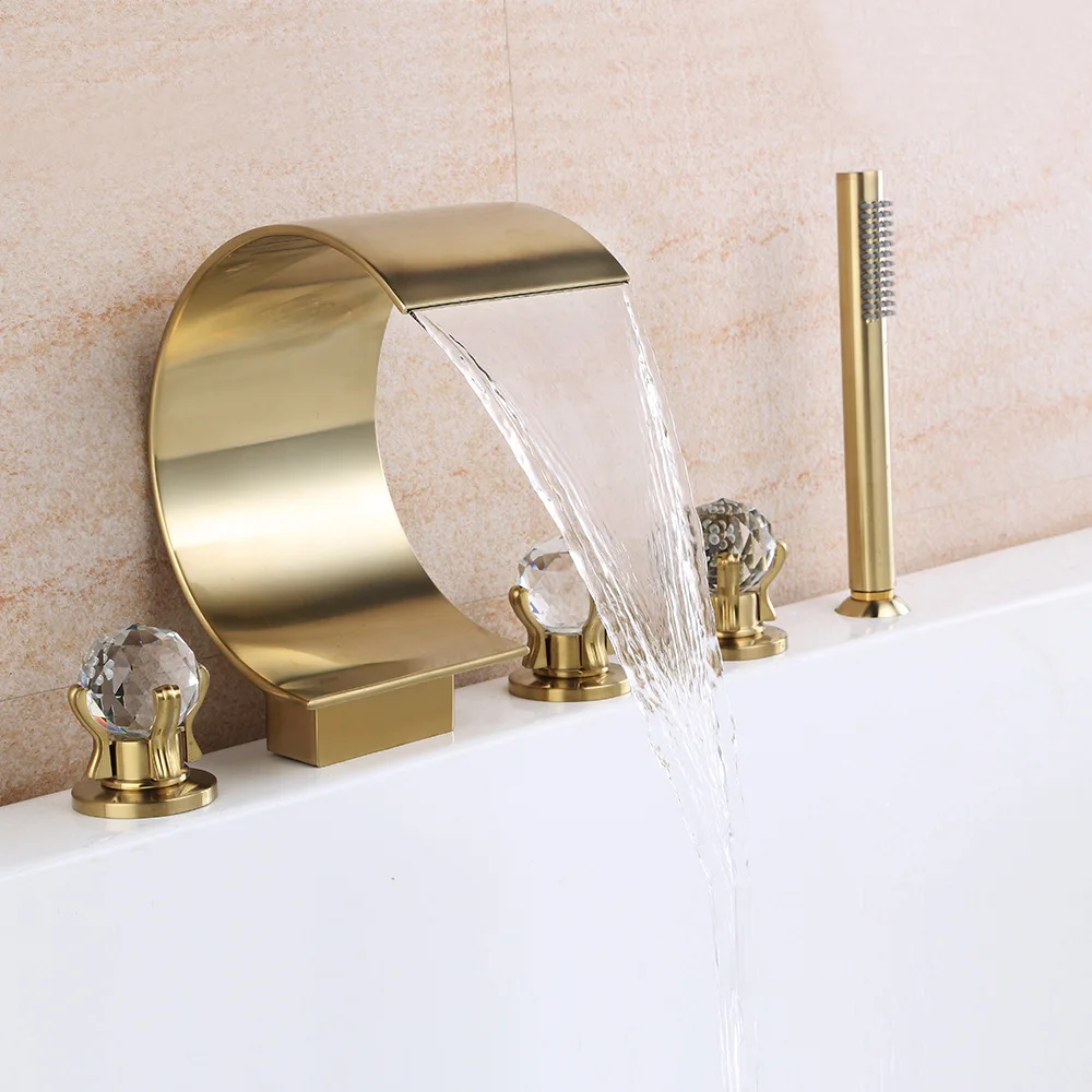 MTTUZK Brass Brushed Gold Waterfall Widespread Bathtub Faucet with Hand Shower Crystal handle 5 hole Bathtub Faucet set