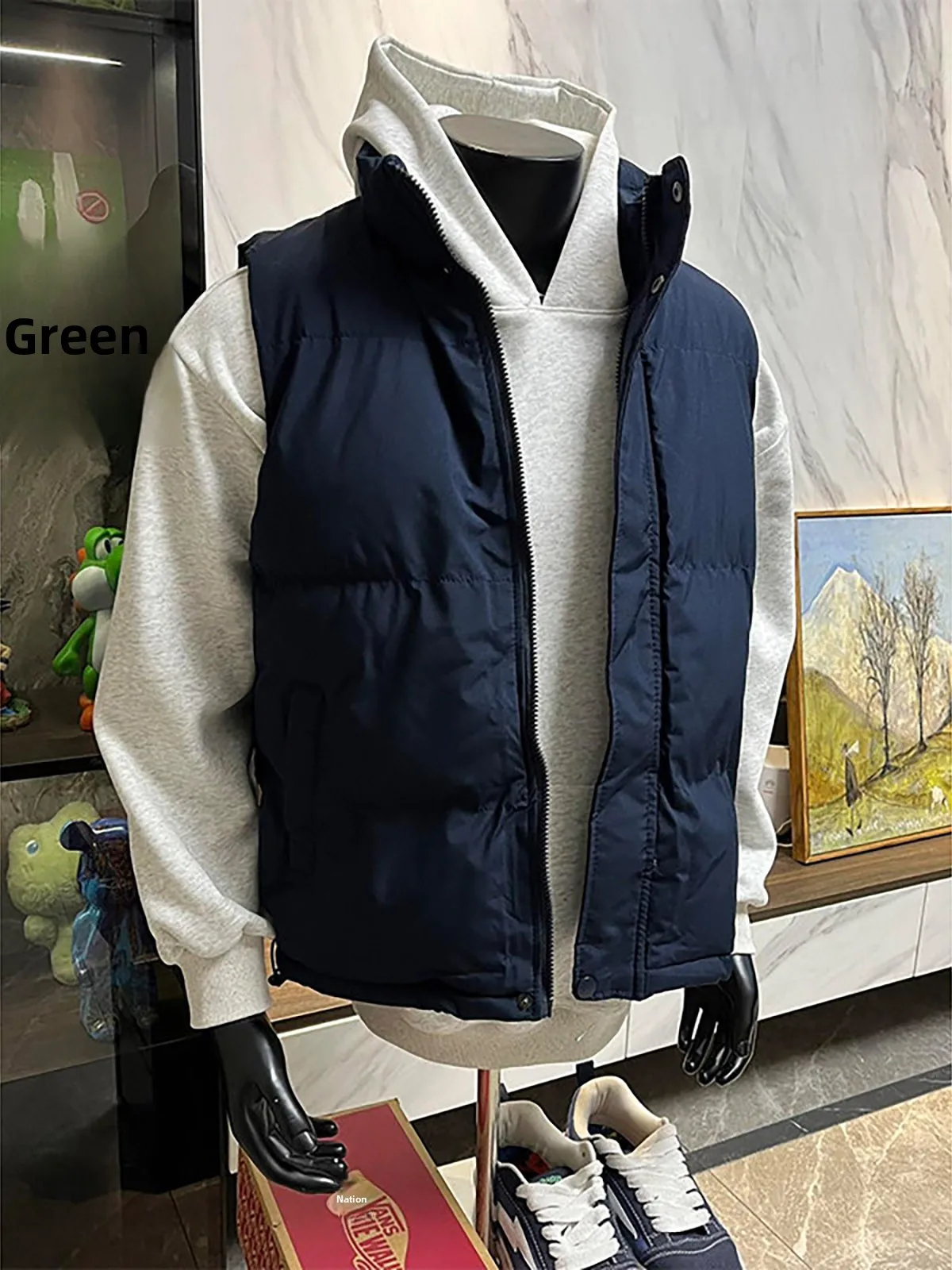 Blue down Jacket Cotton Vest Men's Winter Warm Coat Bread Collar Stand-Up Sleeveless Outerwear Casual Style  Color