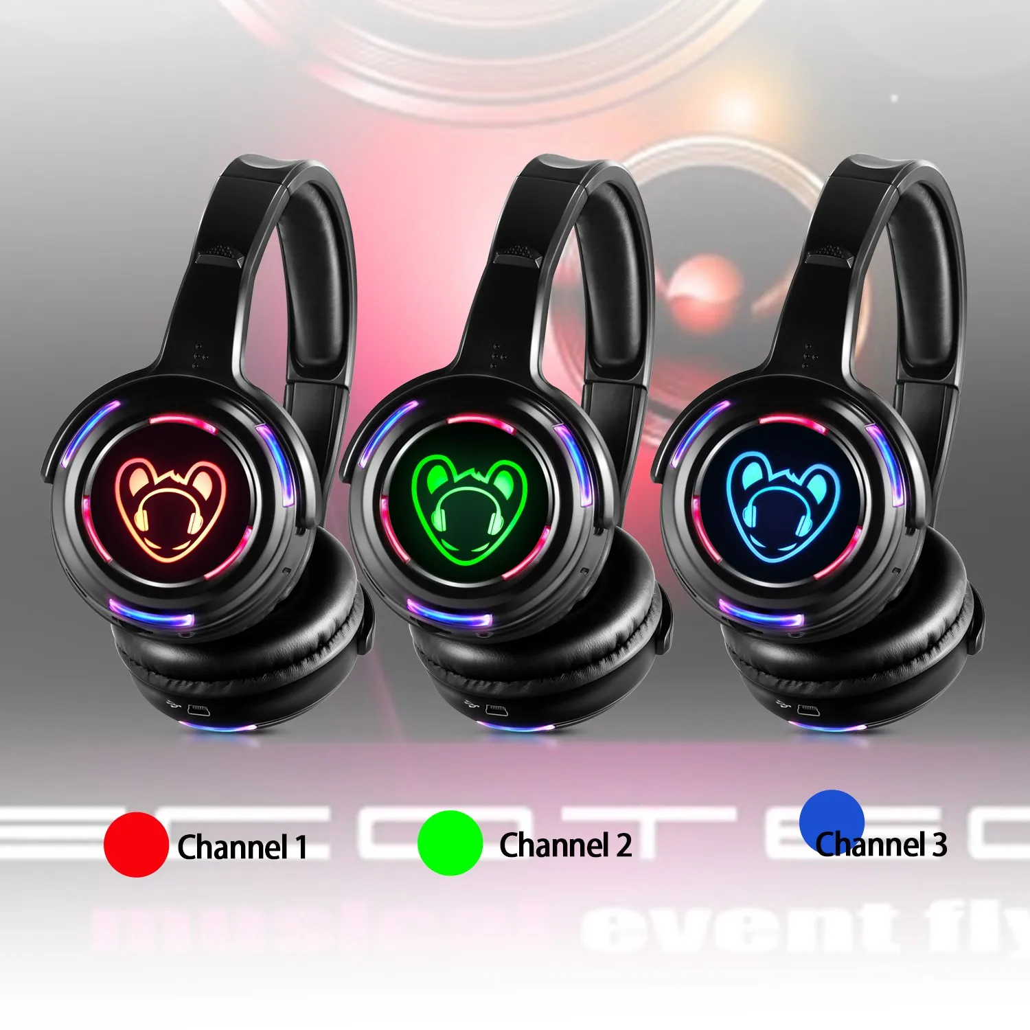 Silent Disco Wireless Headphones and RF LED LOGO Headset For iPod MP3 DJ Music Pary Club - 16pcs with 2 Transmitter 500M