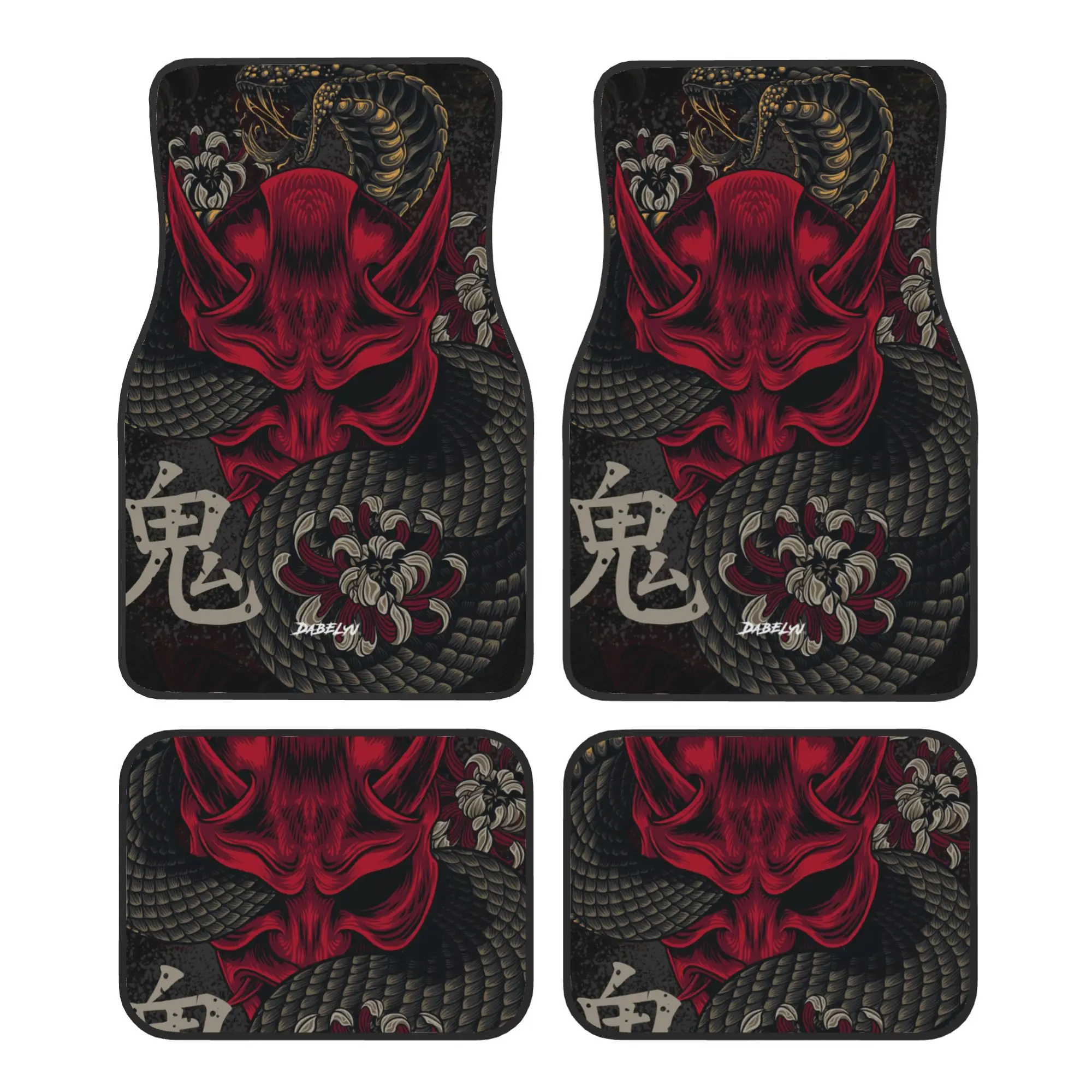 Japanese Style Oni Mask Art Car Floor Mats of 4 Pieces Crystal Velvet Carpets Rugs Universal Car Front Rear Carpets Foot Mats