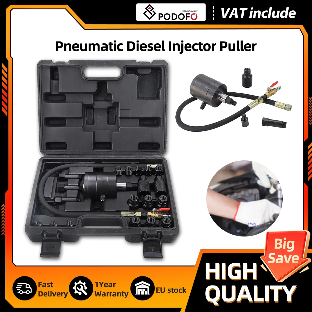Extracteur d'injecteurs diesel pneumatique Podofo 21 pièces avec divers adaptateurs pour retirer les injecteurs de carburant bloqués dans les moteurs diesel
