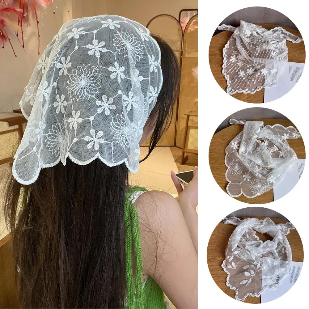 

Sunscreen Embroidery Bandana Wraps Turban White Triangle Headscarf Hat Floral Lace Hair Scarf Multipurpose Hair Accessories