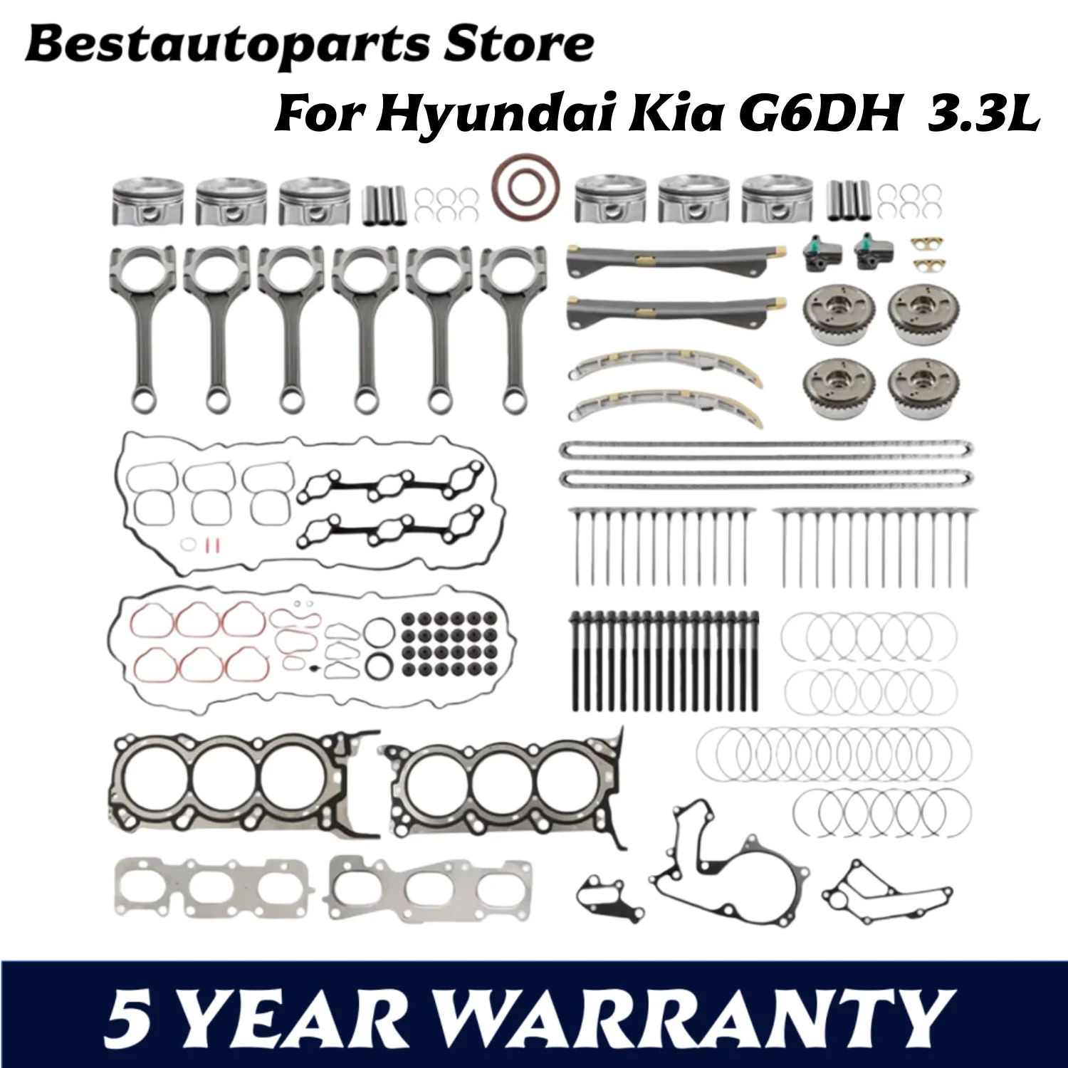 G6DH Engine Rebuild Timing Chain Kit Full Gasket Piston Ring Valve Set Fit 3.3 L T For 11-19 Hyundai Santa Fe Kia Sorento 3.3L