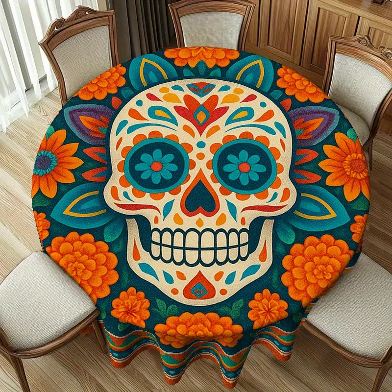 JIT 【1pc】 Flowing Skull Pattern Round Tablecloth, suitable for home kitchens, restaurant partieszyc