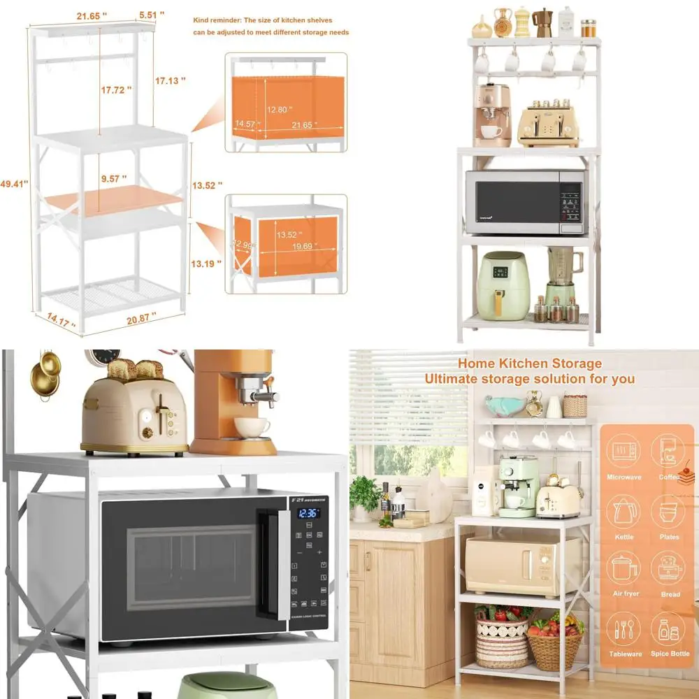 Carrello portaoggetti da cucina bianco a 4 livelli con caffettiera e 8 ganci, ripiani regolabili per elettrodomestici