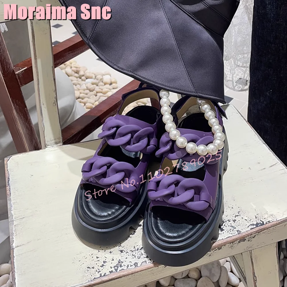 

Chain Decor Round Open Toe Sandals Thick Bottom Block Mid Heel Hook Loop Women Shoes Summer Roman Style Mixed Colors Fashion New