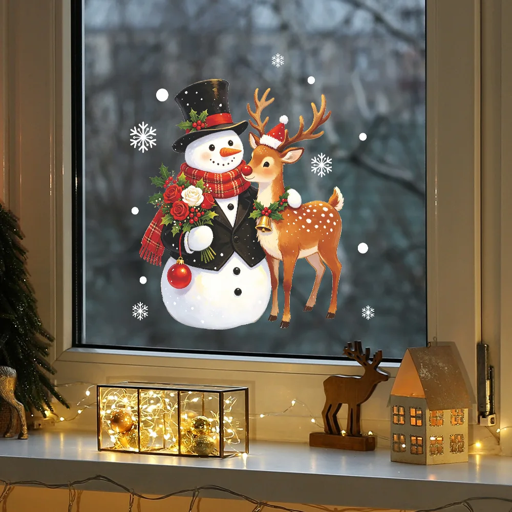 Christmas Snowman Elk Snowflake UV Self‑Adhesive Window Sticker, Outdoor Balcony Glass Window Xmas Festive Glass Decal