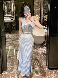 Sexy Slim Stripe Knit Mermaid Dresses Women Korean Elegant Summer Maxi Bodycon Dress Chic Sleeveless Thin Long Party Vestido