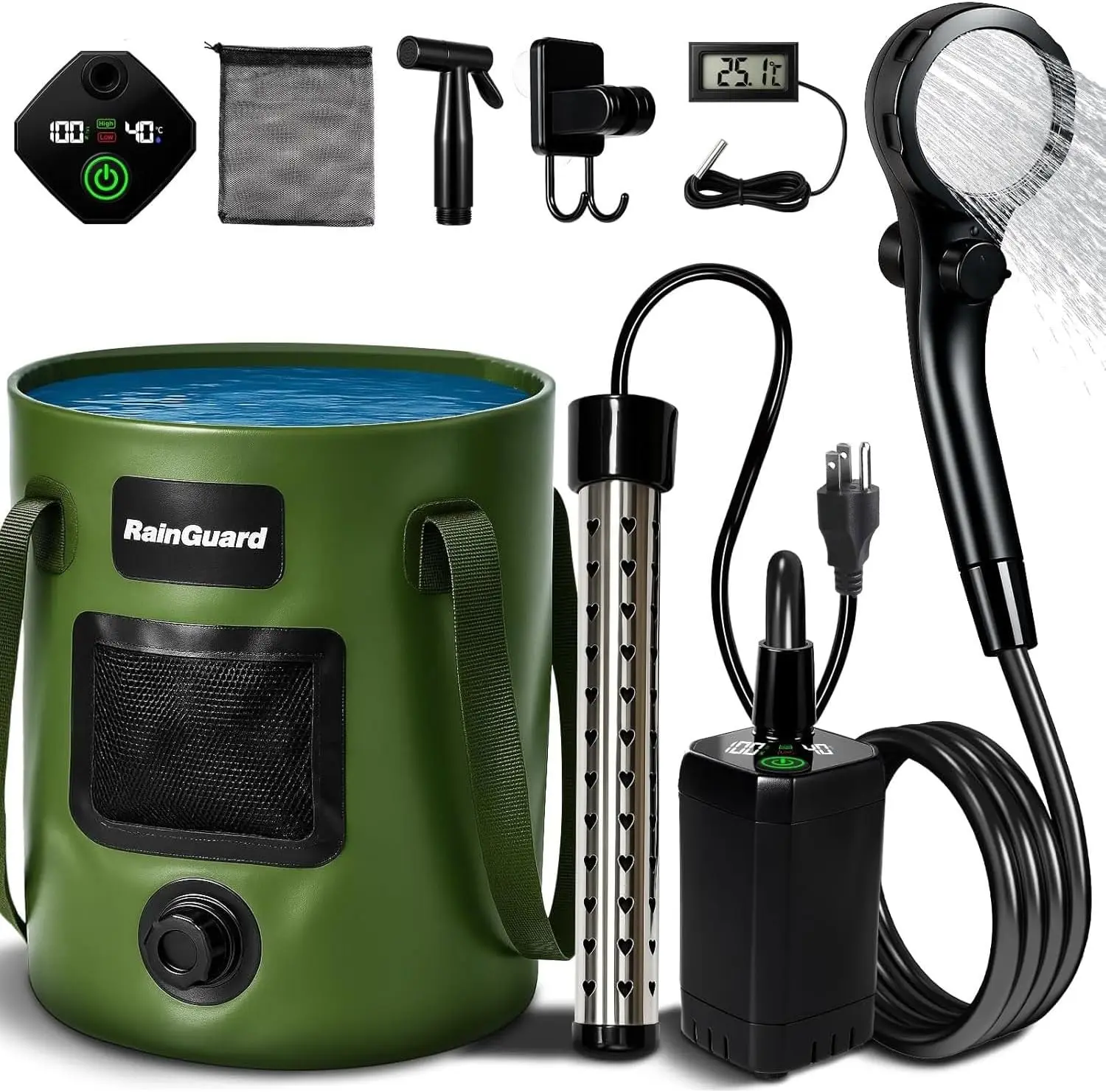 

™ Portable Camping Shower | 5.3/6.6 gal. Foldable Bucket, 6000mAh Rechargeable Shower Pump, 6' 7" Filtered Shower Head,