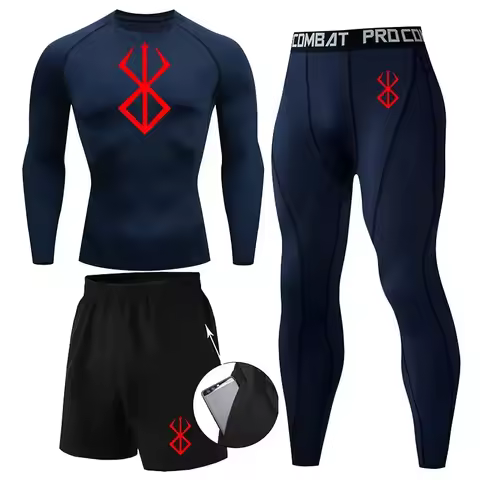 Anime Berserk Print Athletic Compression Sets for Men Gym Workout 3 Pieces Fitness Suits Rash Guard Undershirt Tops Pants Shorts