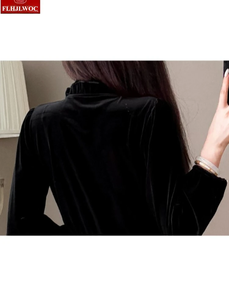 فساتين قميص أسود مخملي تصميم فرنسي ساخن امرأة السنة الجديدة بلينغ زر الوقوف طوق ريترو خمر فستان طويل فساتين المؤنث #6