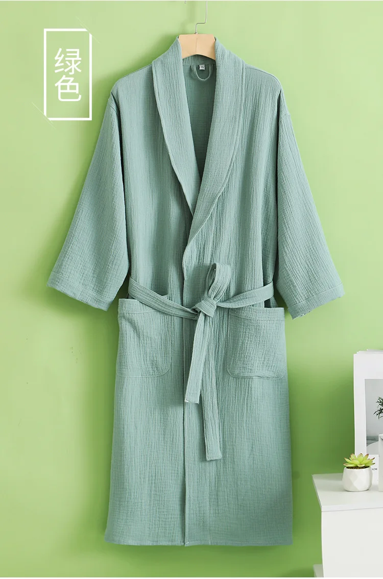 Summer Thin Bathrobe 100% Cotton 2-Layer Gauze Solid Quick-Drying Absorbent Hotel Quality Men Women Pajamas Bath Robe