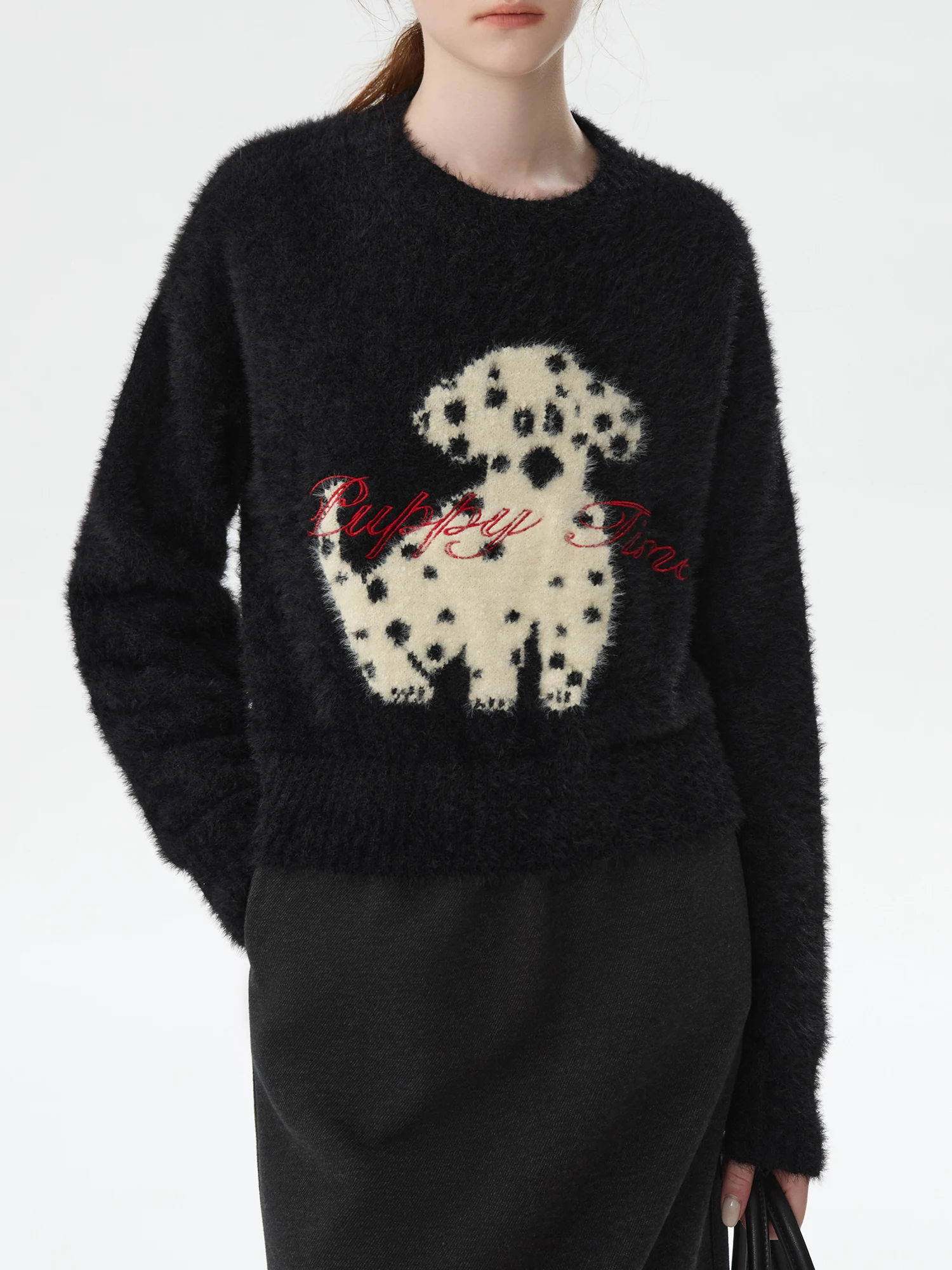 

FSLE Black White Contrast Dalmatian Embroidered Cotton Pullover Sweater 2024 Winter New Design Warm Chic Sweater 24FS14244