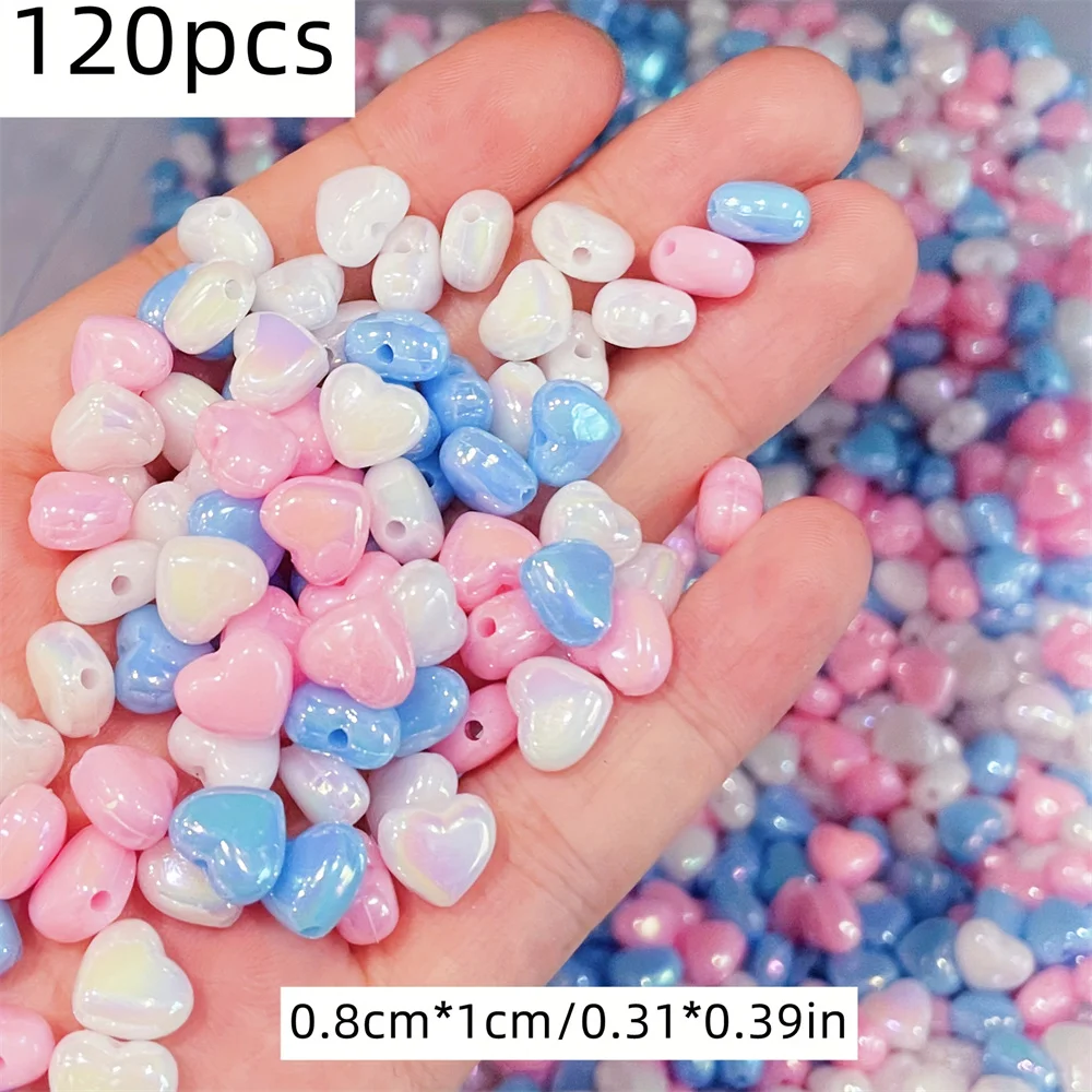 120 Pieces of 0.8 * 1cm Acrylic Pearl rainbow Light AB Color Heart-Shaped Main Beads, DIY Couple Bracelets, Small Gifts
