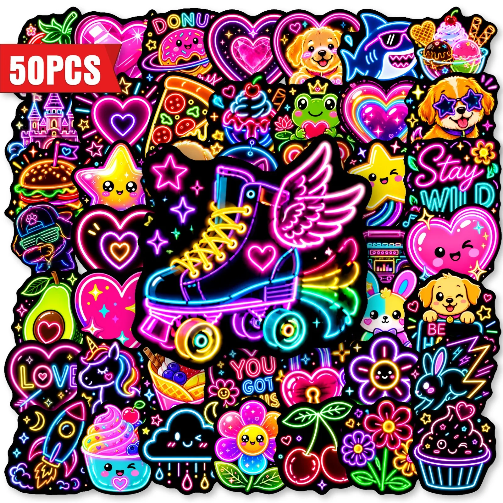 50 PCS Cartoon Fun Neon Fun Mix Match Dark Series Stickers Pack Decorate Luggage Skateboard Storage Box Non Repeated Decals