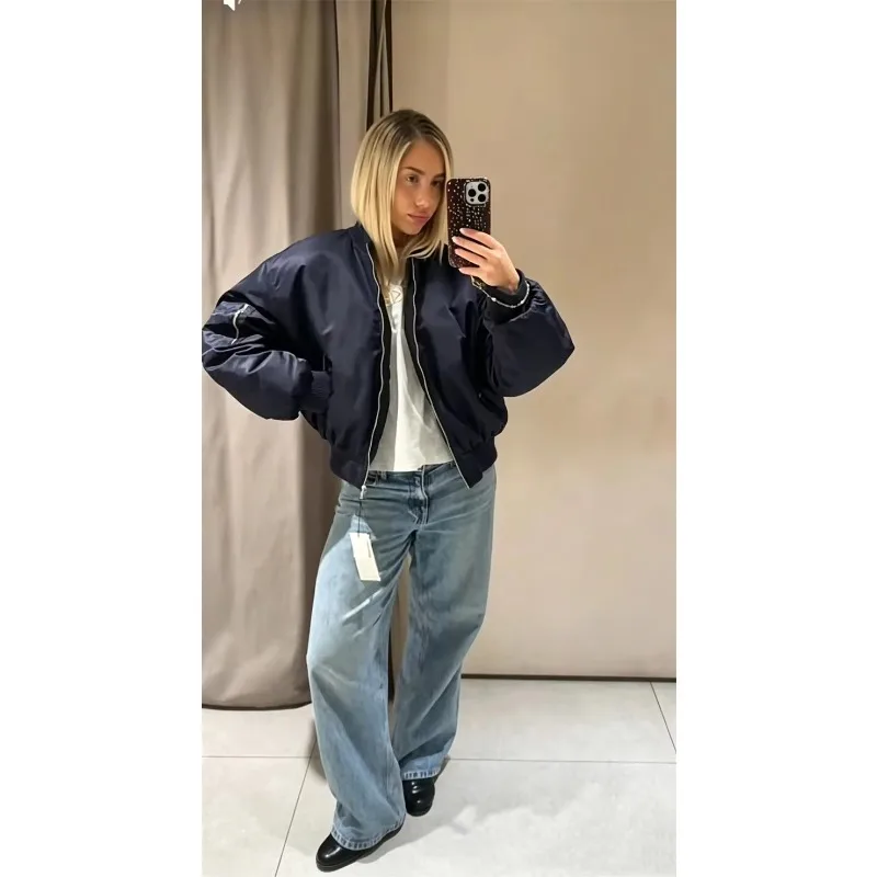 Guobioziy Women Reversible Bomber Jacket  Fall Winter Minimalist Retro Loose Baseball Short Coat Casual Fashion