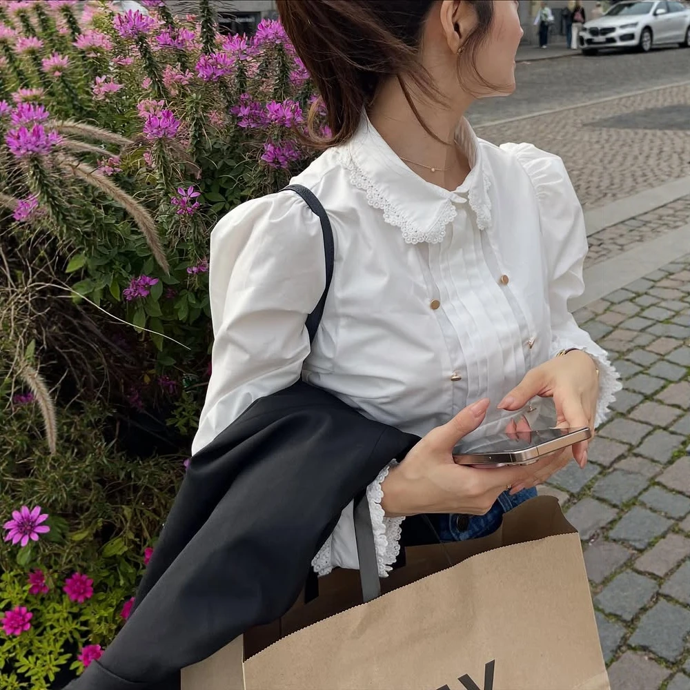 Japońska koszula w stylu sweet white z długim rękawem, na wiosnę i jesień, nowość 2025, dopasowana koszula dla dziewcząt i kobiet, codzienna, basic, casualowa bluzka.