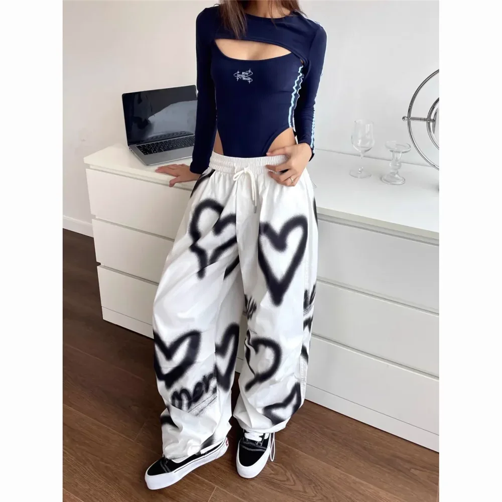 Women Y2K Love Graffiti Wide Leg Pants Elastic High Waist Streetwear Loose Drawstring Jogging Trousers Korean Casual Sweatpants