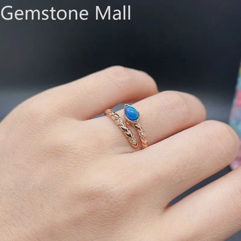 Blue Opal Silver Ring 4mm*6mm Australia Natural Opal Jewelry Fashion Adjustable Gemstone Ring for Young Girl