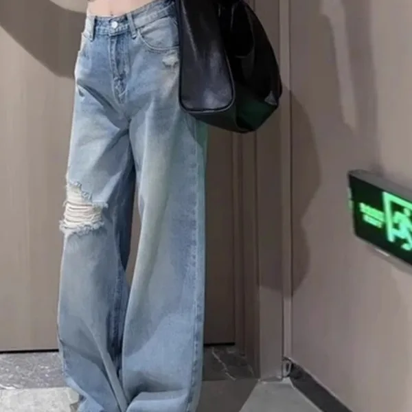 Jean rétro taille haute à jambes larges pour femmes, Design avec trou sens, Denim droit en coton extensible, résistant aux déchirures, coupe ample, printemps