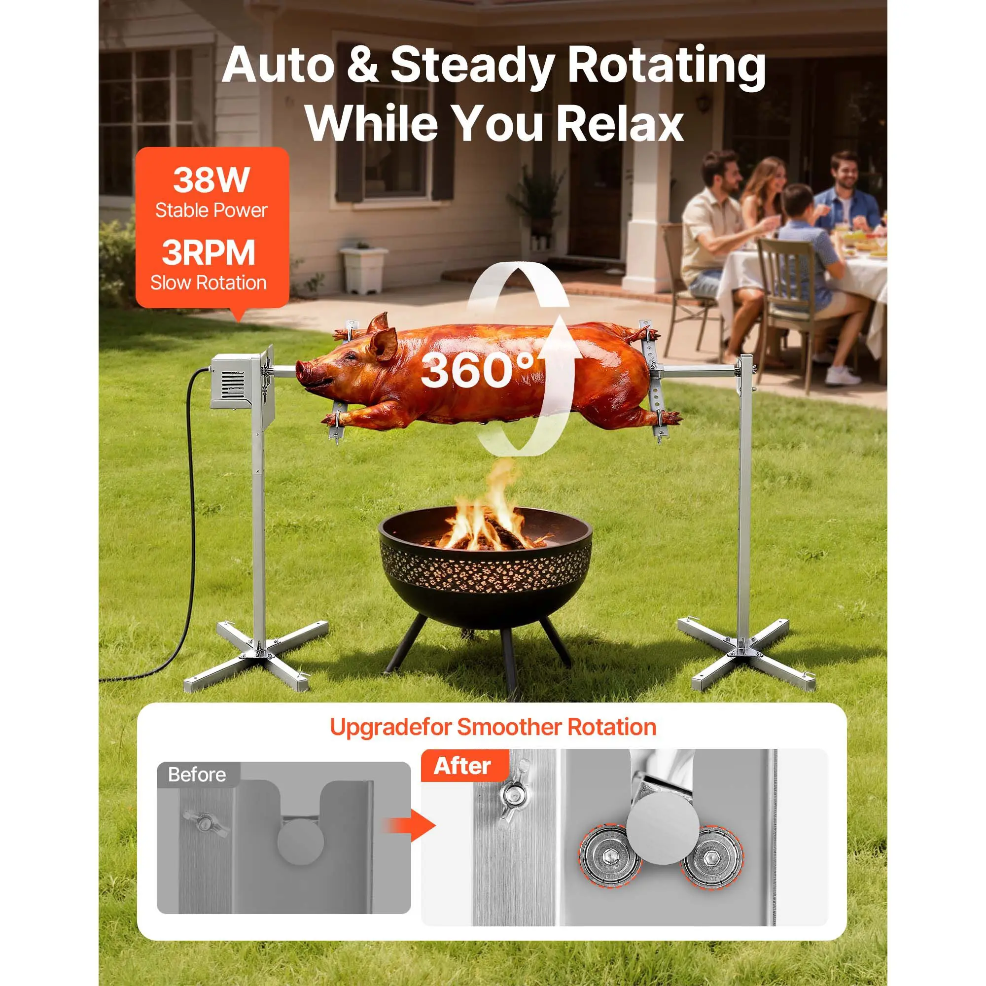 Rotisserie Grill, AC120V 8 Level Height Electric Kit, BBQ Rotisseries with 132 lbs Load Capacity, 38W Motor, Stainless Steel