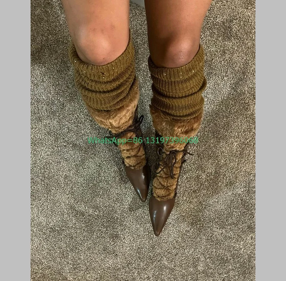 Lady Brown Fur Pointed Toie Knee Boots Punk Style Lace-Up Mirror Pu New Arrive Stiletto Heel Boots Fall Sexy Vintage Boots Size