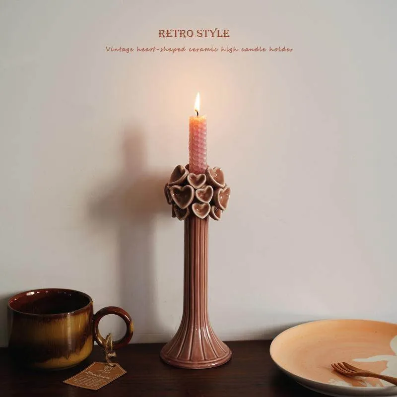 Vintage Candlestick European Style Embossed Love Shape Ceramic Roman Column Candle Holder Home Decoration Ornament Room Decor