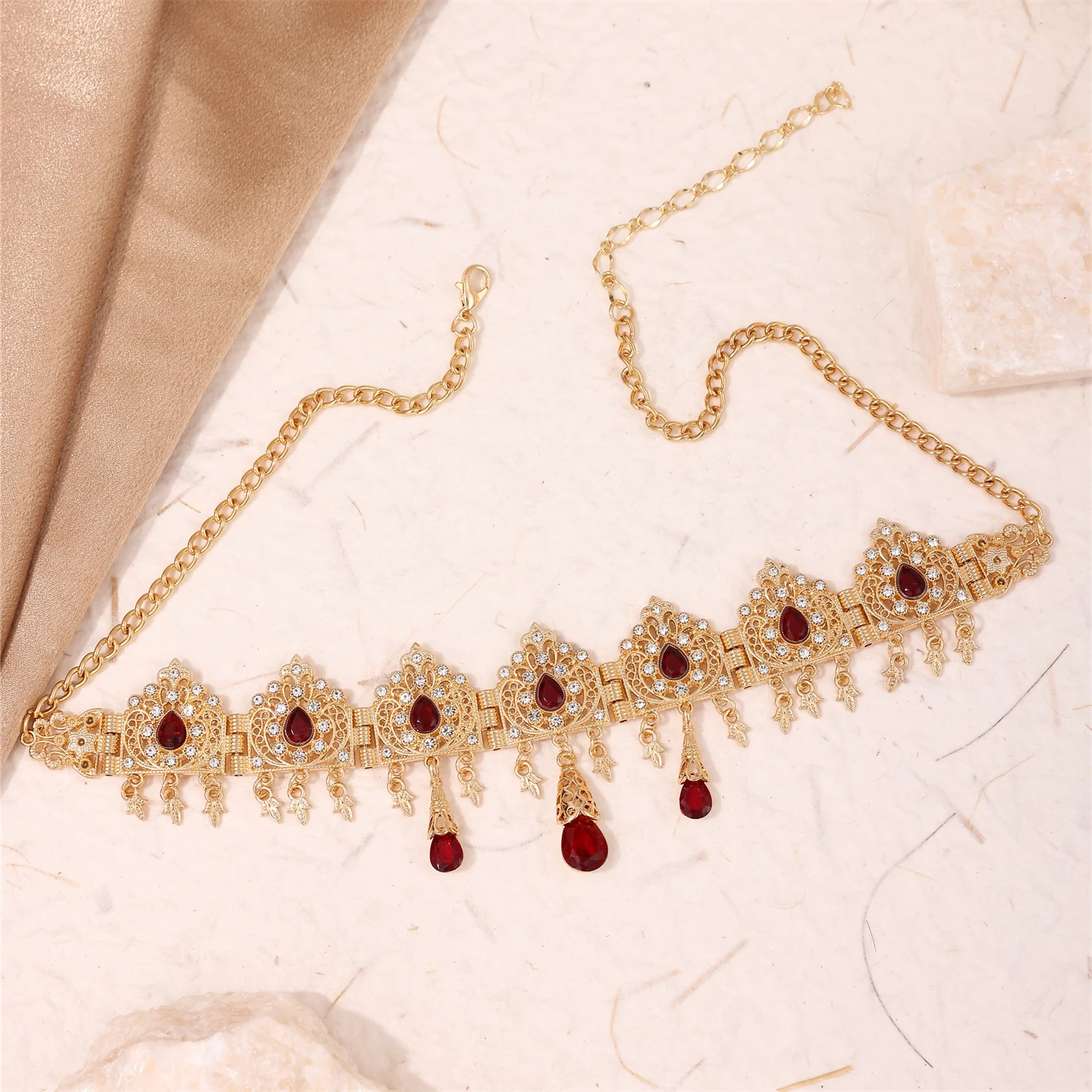Turkish Wedding Head Piece Gold Color Hair Accessories For Women Wedding Rhinestone Hair Accessories For Moroccan Bride Necklace