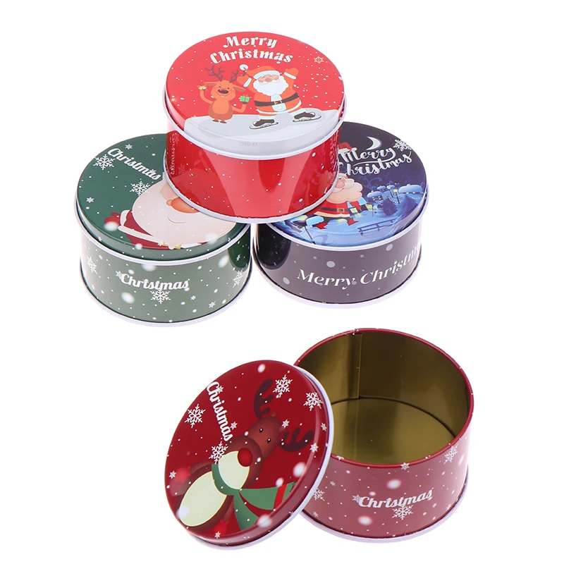 1Pc Tinplate Christmas Candy Can Round Cartoon Santa Claus Elk Letter Printed Box Xmas Candy Chocolate Cookie Box Small Gift Box