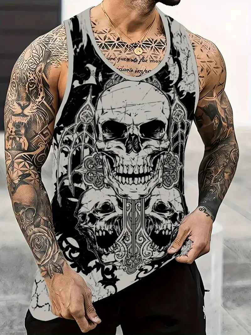 3D Skull Print Round Neck Summer Adult Men\'s Vest Clothing Basketball Sleeveless Outdoor Sports Gym Breathable Sleeveless Vest