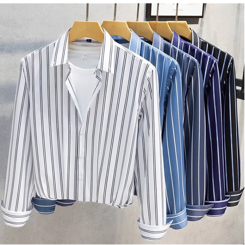 

2025 new men's shirt long sleeve slim youth handsome striped shirt