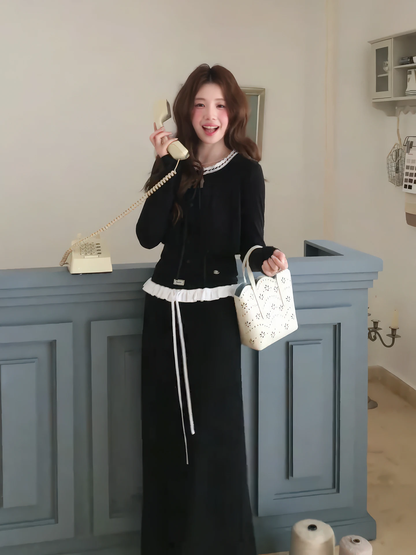 Korean Sweet Cool Style Women's Autumn 2026 New Wood Ear  Belted Small Open Cardigan Wide Leg Long Pants Three Piece Set