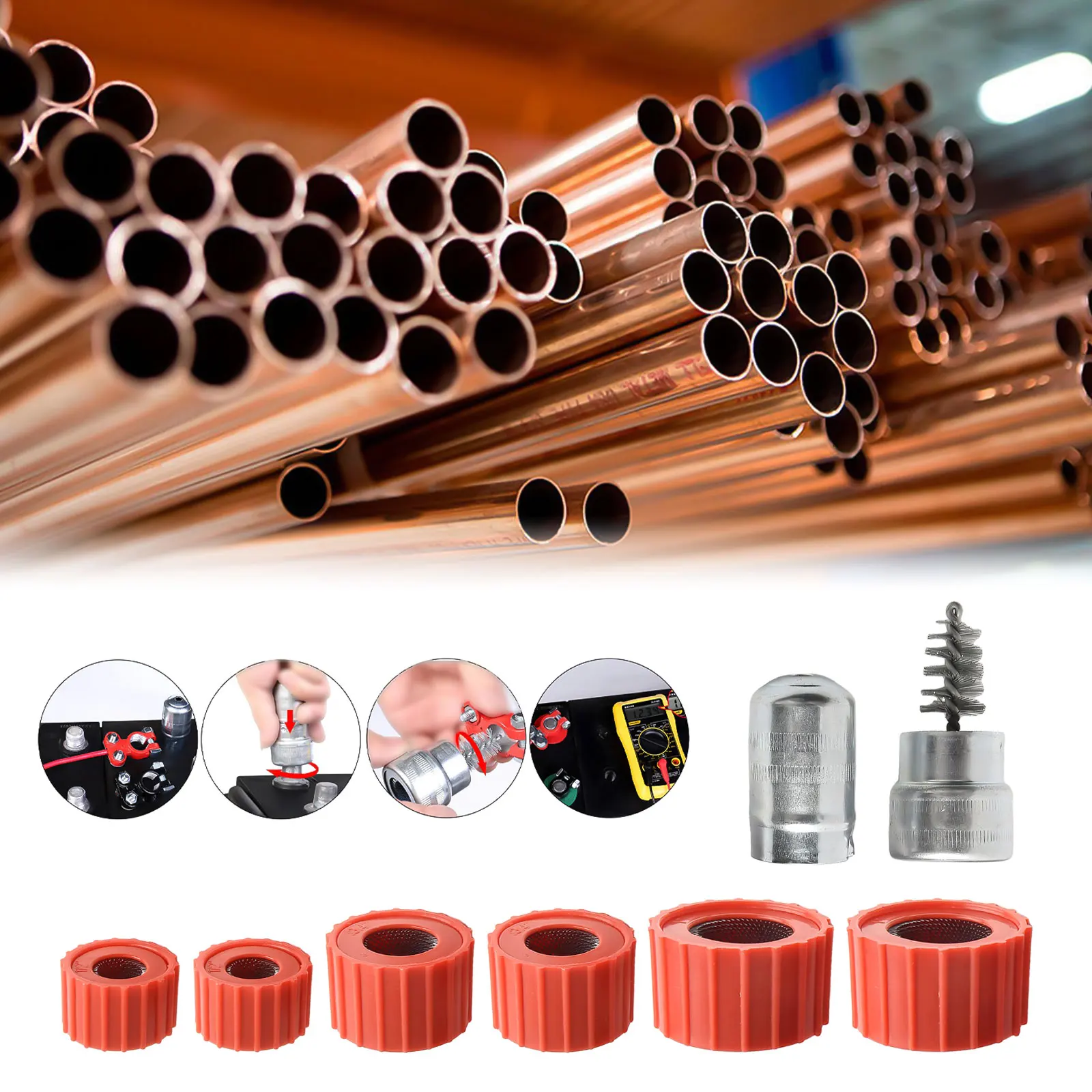 7PCS Copper Pipe Cleaner Brush Set 1/2 3/4 1 Inch With Terminal Battery Tool For Plumber Plumbing Maintenance Hand Wire Brushes