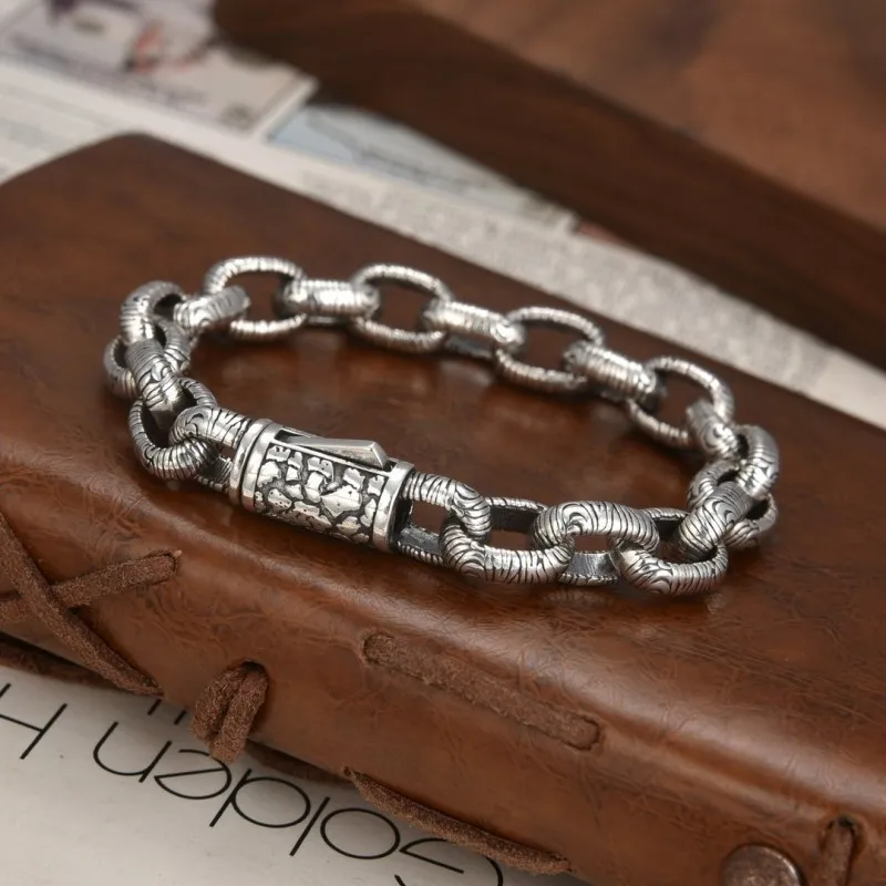 BOCAI NEW S925 Sterling Silver Vintage Punk Domineering Split Print Pattern Bracelet Male and Female