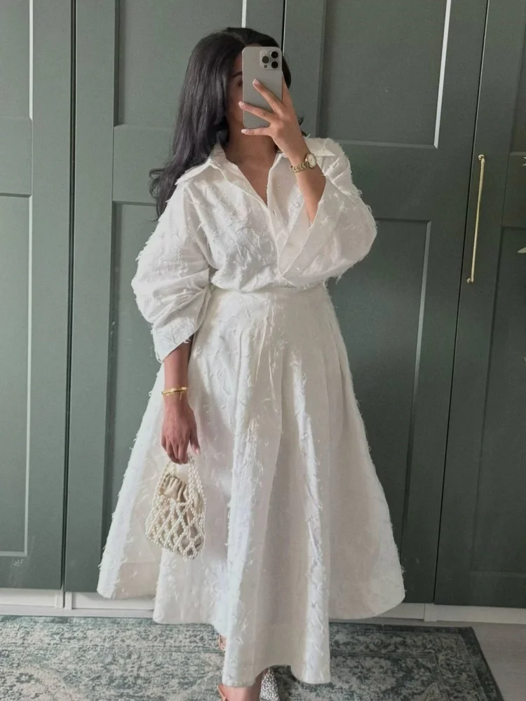 الشارع قميص تنورة مجموعة النساء رفض طوق زر أعلى عالية الخصر مطوي التنانير وتتسابق 2025 الربيع الصيف الإناث رداء غير رسمية #2