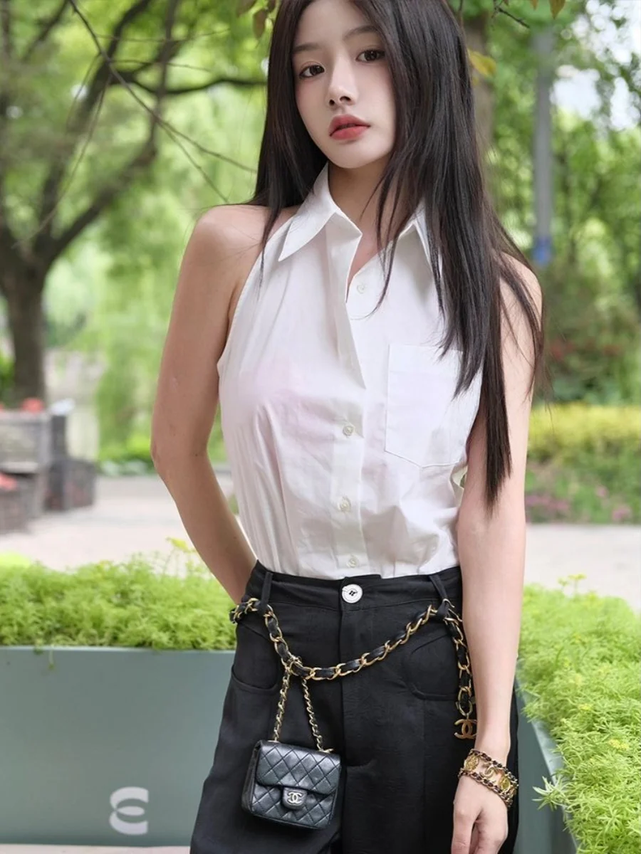 

White Faionable Women's irt Svel Collar Base Layer Summer Lightweight Luxury Top High-End Feelings Commute Sle