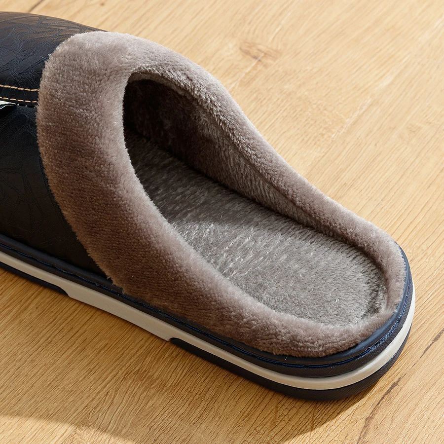 Big Size Men\'s slippers Winter Indoor Waterproof PU Leather Large Sizes Home Cotton shoes Fur Flat Cotton Bedroom Houseshoes