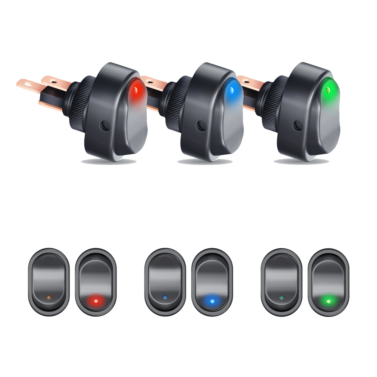 12pcs Toggle Switch 12v 30A Oval Rocker Switch 3 Pin Red Blue Green LED Lighted On Off Switch for Automative Car RV Marine Boat