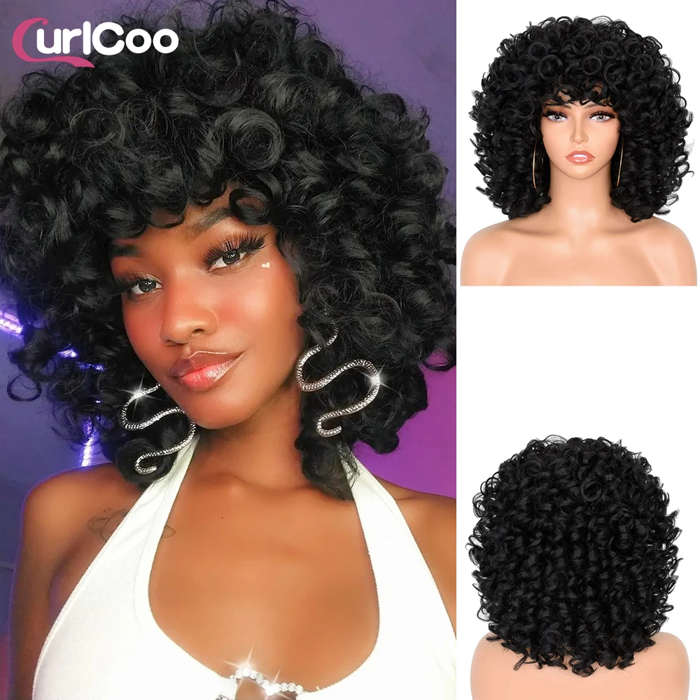 Short Hair Afro Kinky Curly Wigs With Bang For Black Women Fluffy Synthetic Natural Hair Ombre Cosplay Blonde Brown Wig