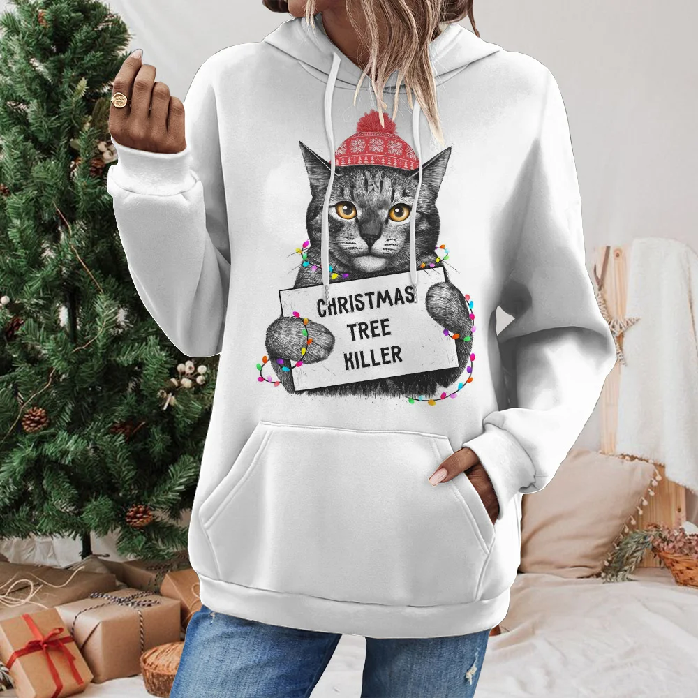 Personalized And Fun Cat Print Christmas Women\'s Fashions Hoodie For Autumn And Winter Comfortable Long Sleeved O-Neck Tops 2024