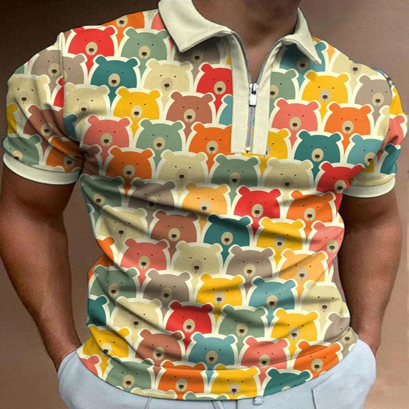 Bear Cute 3D Print Polo Zipper Shirt Tattoo for Men