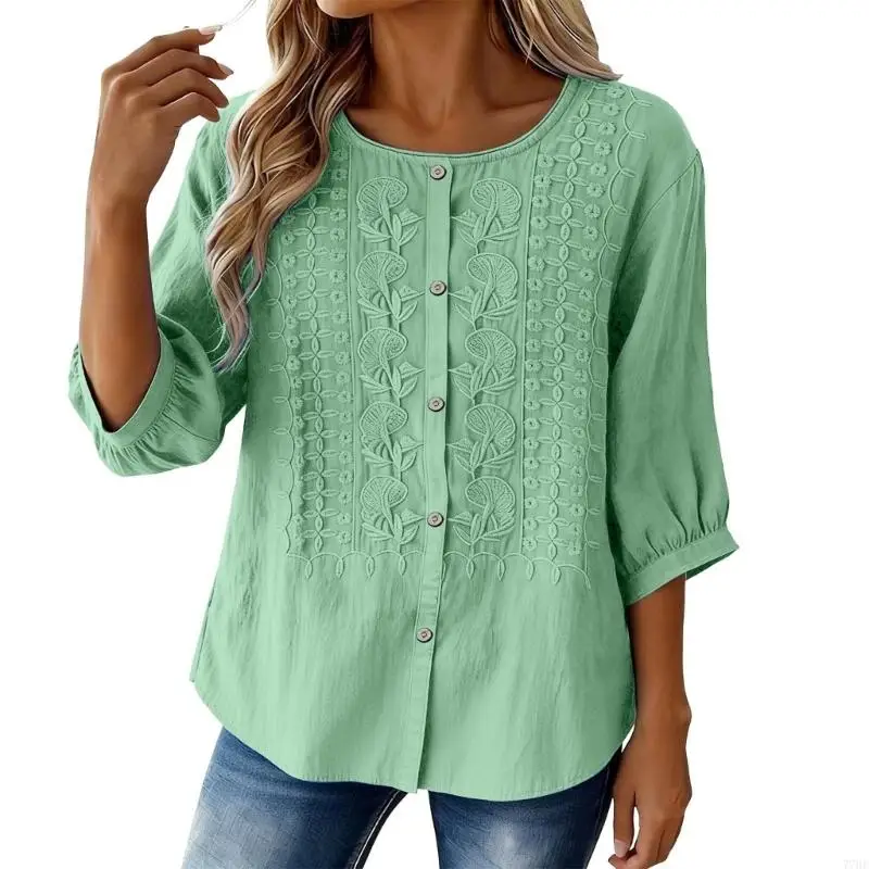 

77HE Womens 3/4 Sleeve Cotton Linen Shirts Embroidered V Neck Button Blouses Loose Fit Casual Top