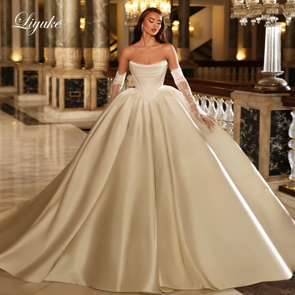 Liyuke Custom Made Satin Puffy Ball Gown Wedding Dresses With Removable Train Beading Pearls Boat  Neck Bridal Dress